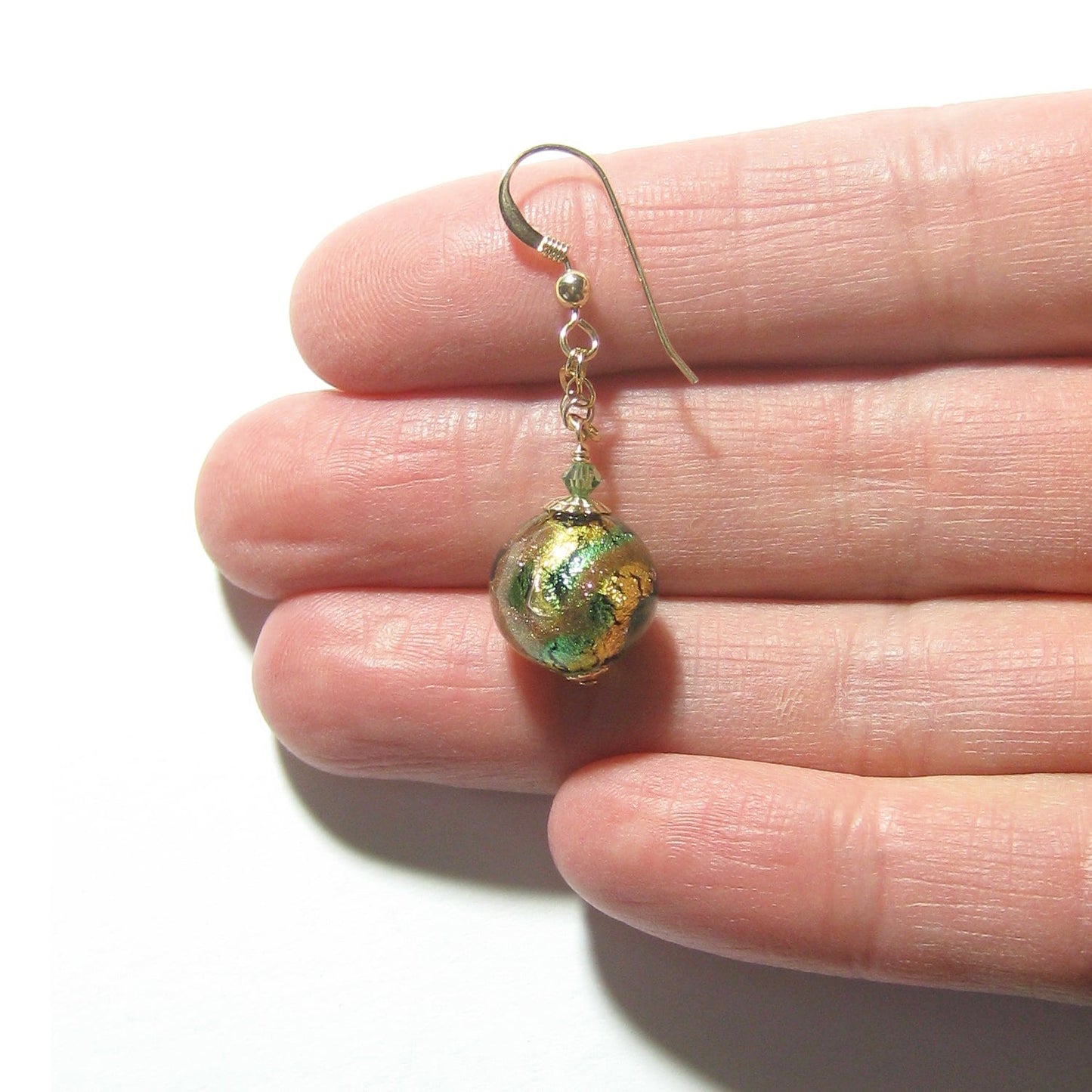 Murano Glass Green Copper Ball Gold Earrings, Venetian Jewelry - JKC Murano