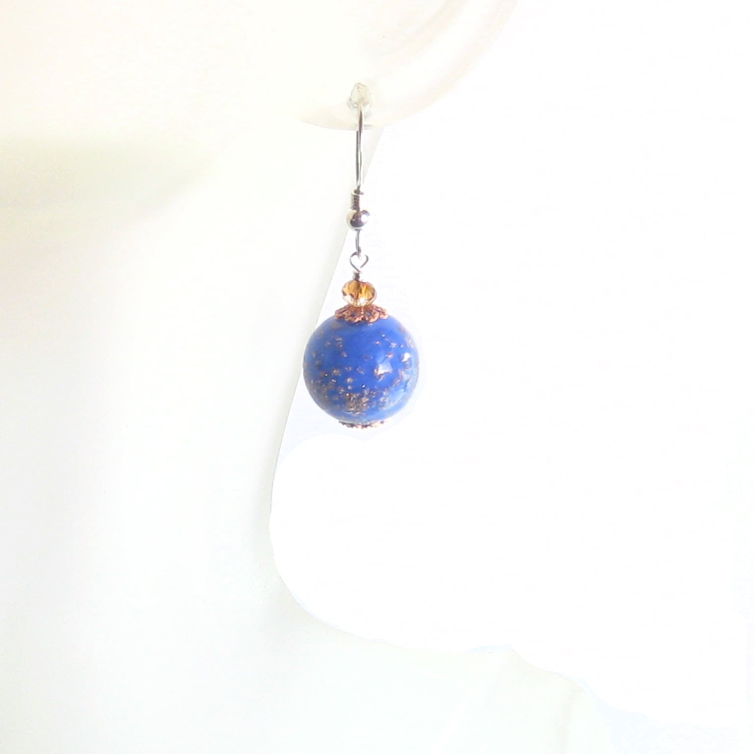 Murano Glass Lapis Blue Copper Ball Silver Earrings, Clip on Earrings - JKC Murano