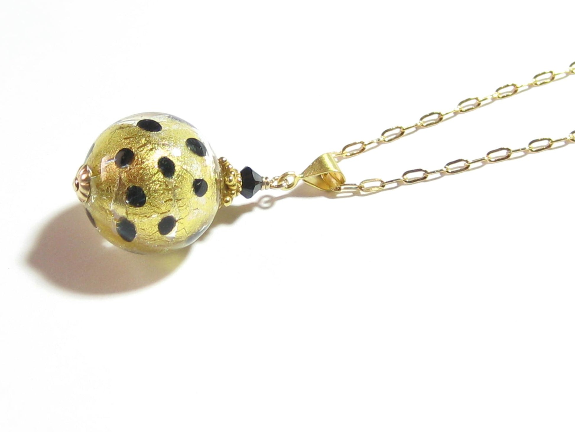 Murano Glass Leopard Ball Pendant, Gold Filled Chain - JKC Murano
