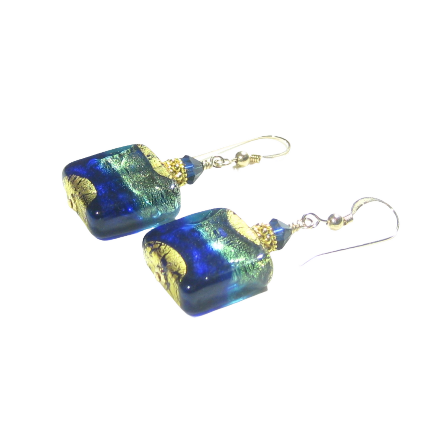 Murano Glass Cobalt Blue Aqua Chunky Square Gold Earrings - JKC Murano