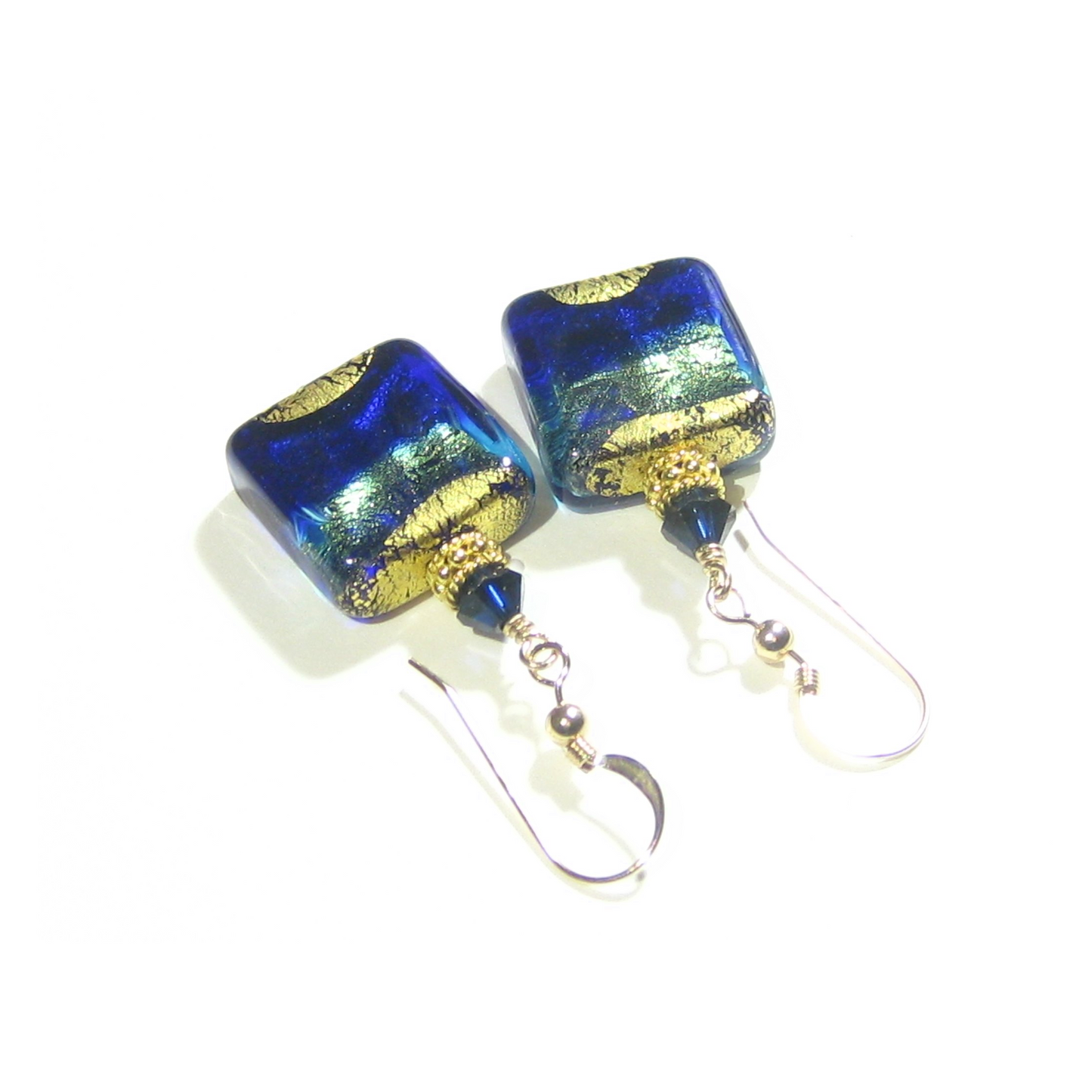 Murano Glass Cobalt Blue Aqua Chunky Square Gold Earrings - JKC Murano