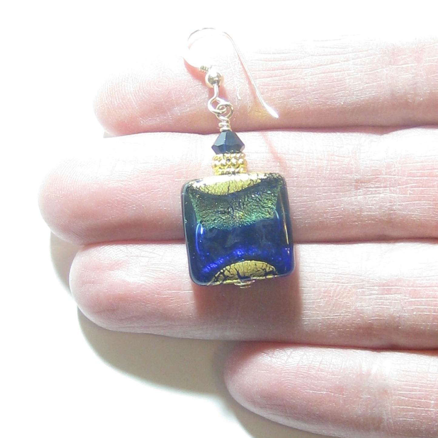 Murano Glass Cobalt Blue Aqua Chunky Square Gold Earrings - JKC Murano