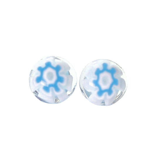 Murano Glass Aqua White Flower Millefiori Sterling Stud Earrings - JKC Murano