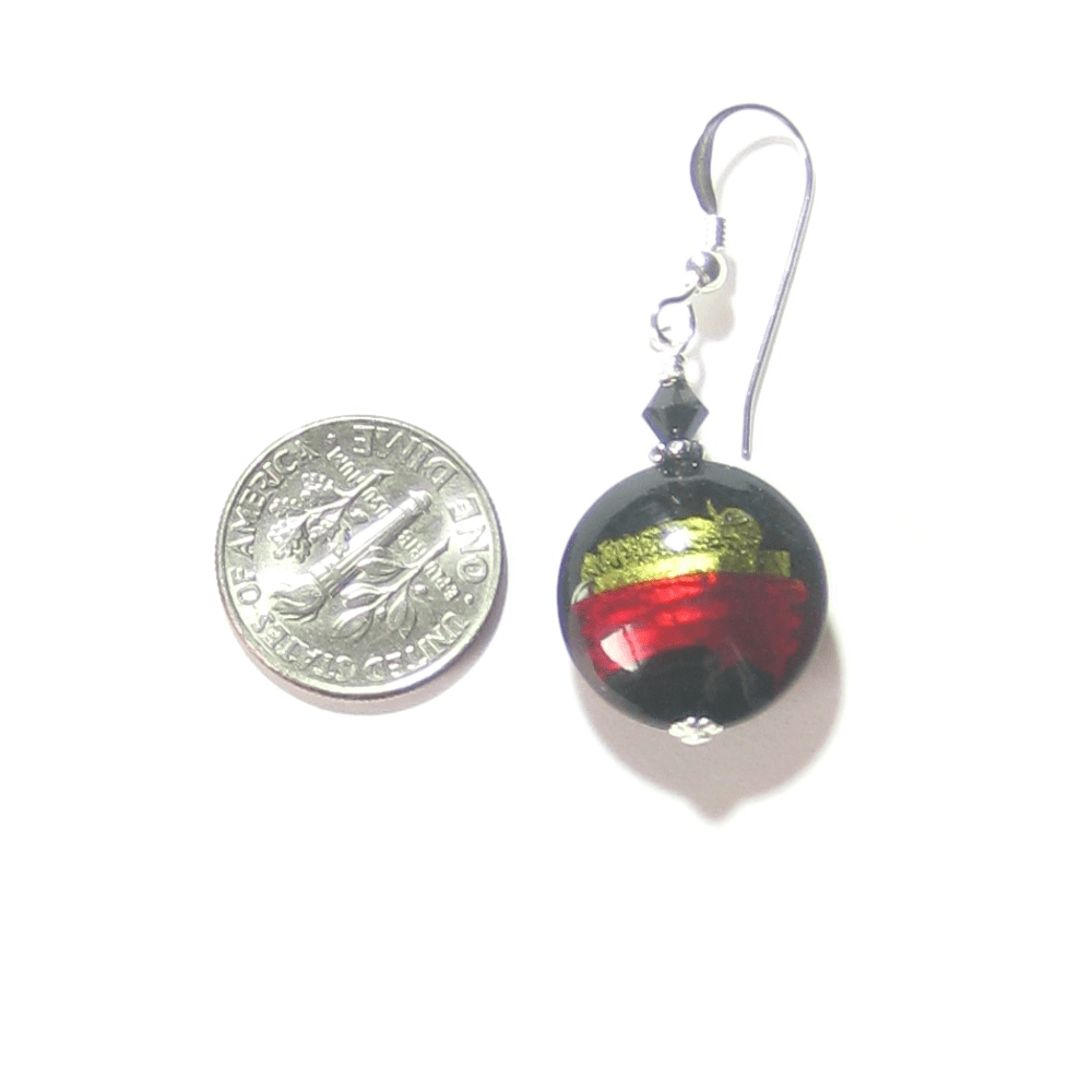 Italian Murano Glass Olive Green Red Black Silver Earrings - JKC Murano