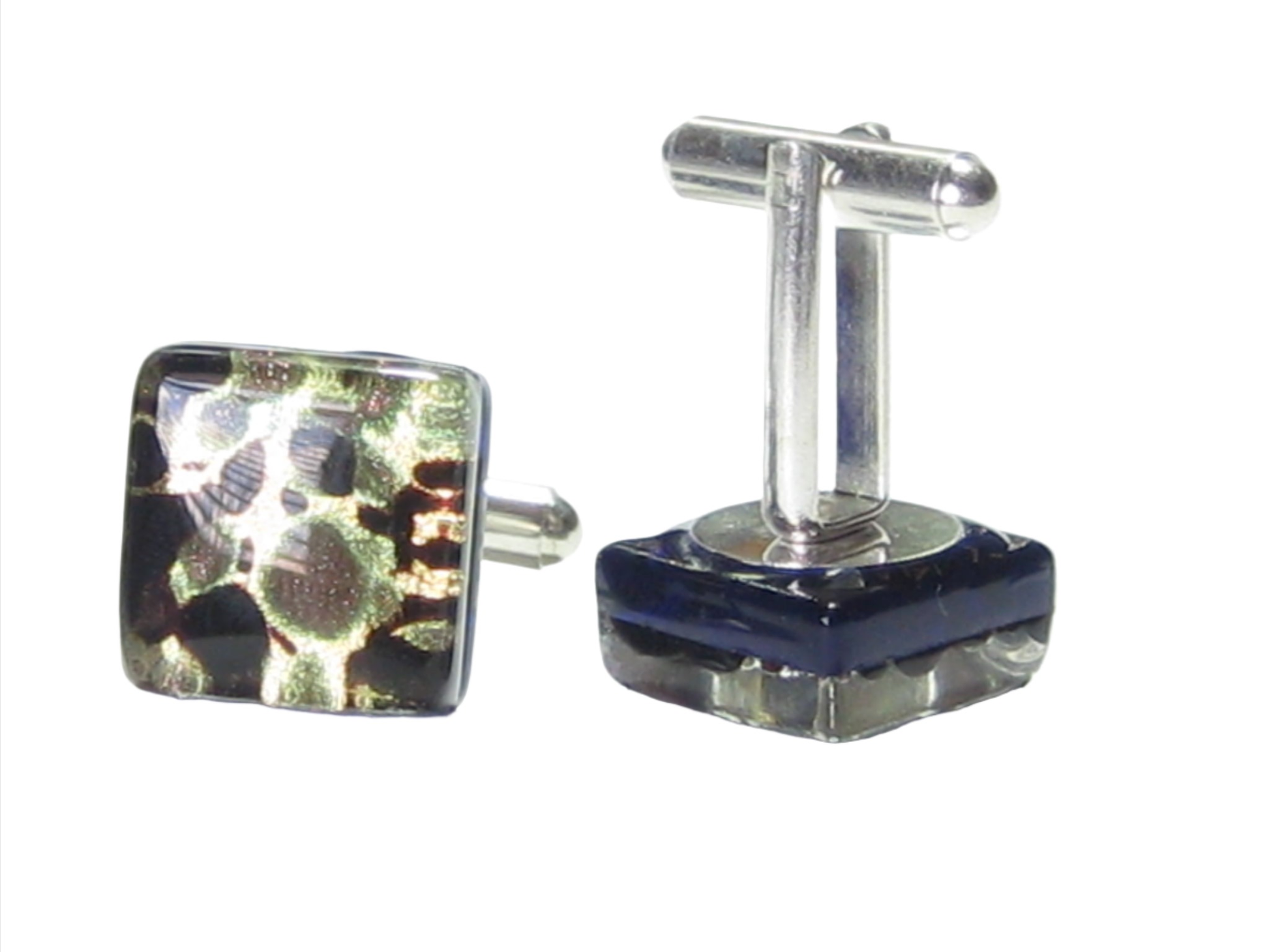 Murano Glass Black Green Gold Square Cuff Links - JKC Murano