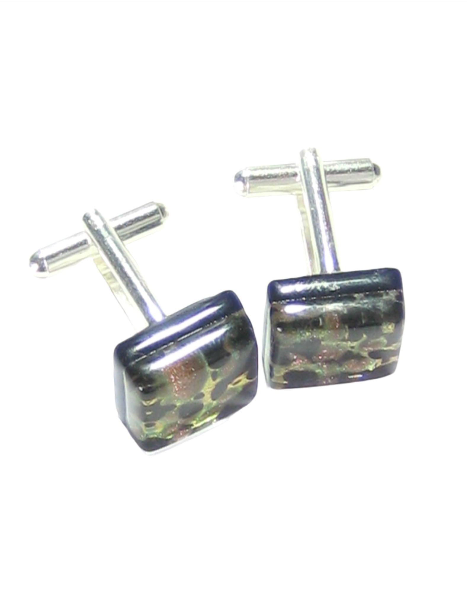 Murano Glass Black Green Gold Square Cuff Links - JKC Murano