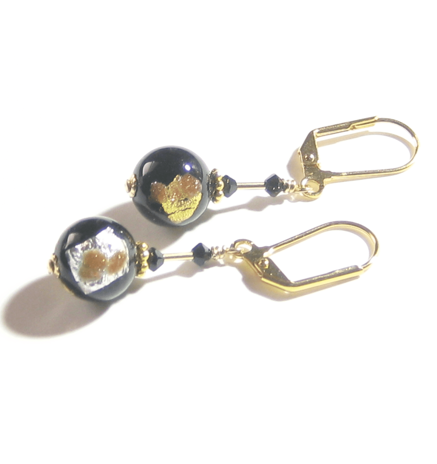 Venetian Glass Black Silver Gold Earrings, Italian Glass Jewelry - JKC Murano