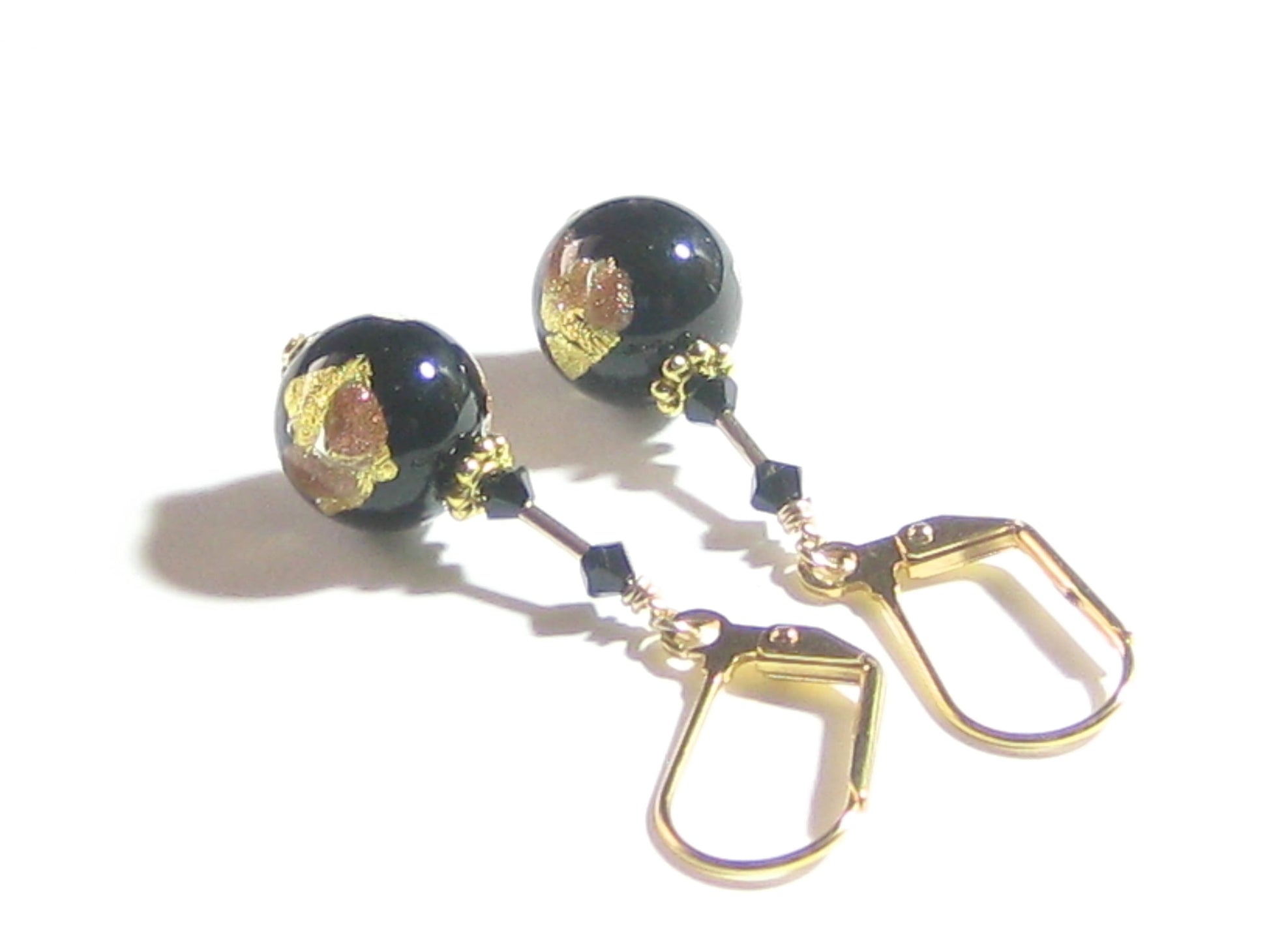 Venetian Glass Black Silver Gold Earrings, Italian Glass Jewelry - JKC Murano