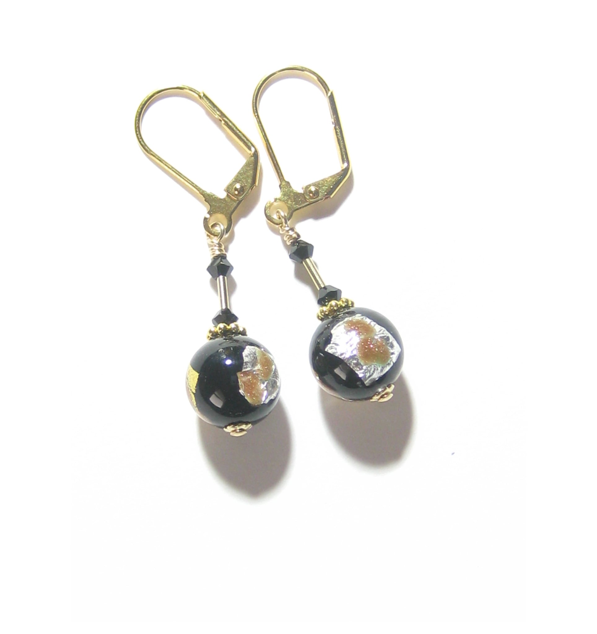 Venetian Glass Black Silver Gold Earrings, Italian Glass Jewelry - JKC Murano