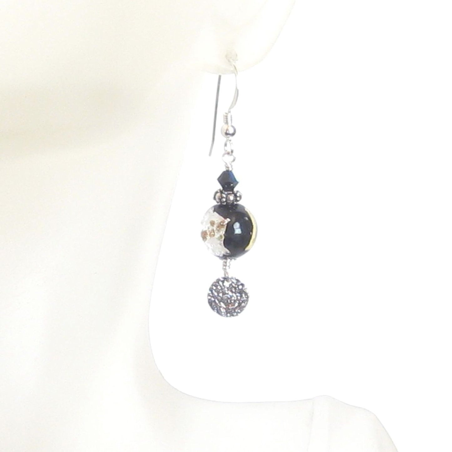 Murano Glass Black Copper Ball Disc Silver Earrings - JKC Murano