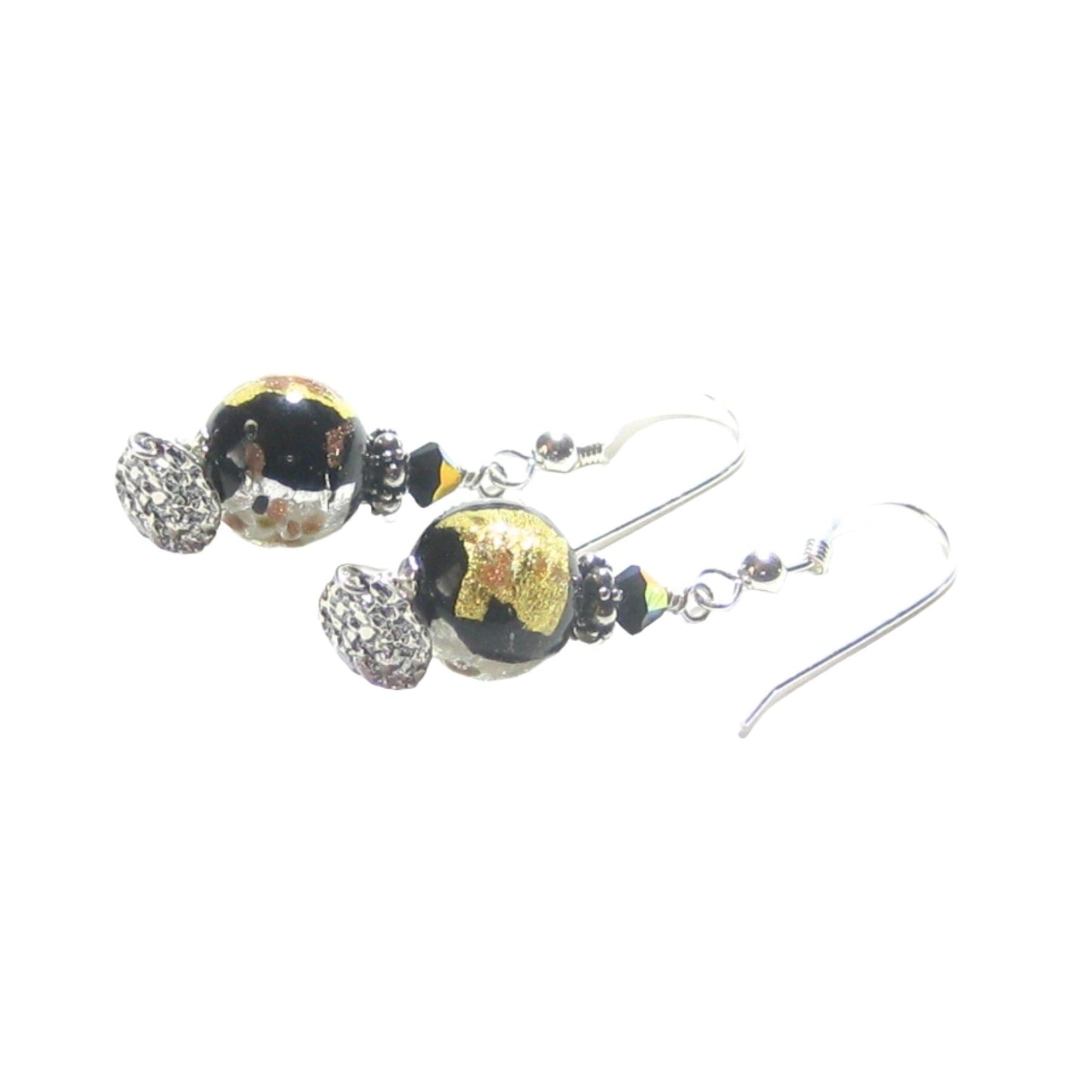 Murano Glass Black Copper Ball Disc Silver Earrings - JKC Murano