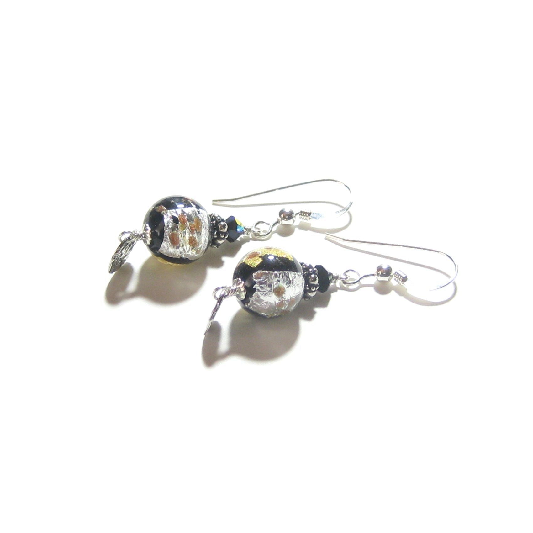 Murano Glass Black Copper Ball Disc Silver Earrings - JKC Murano