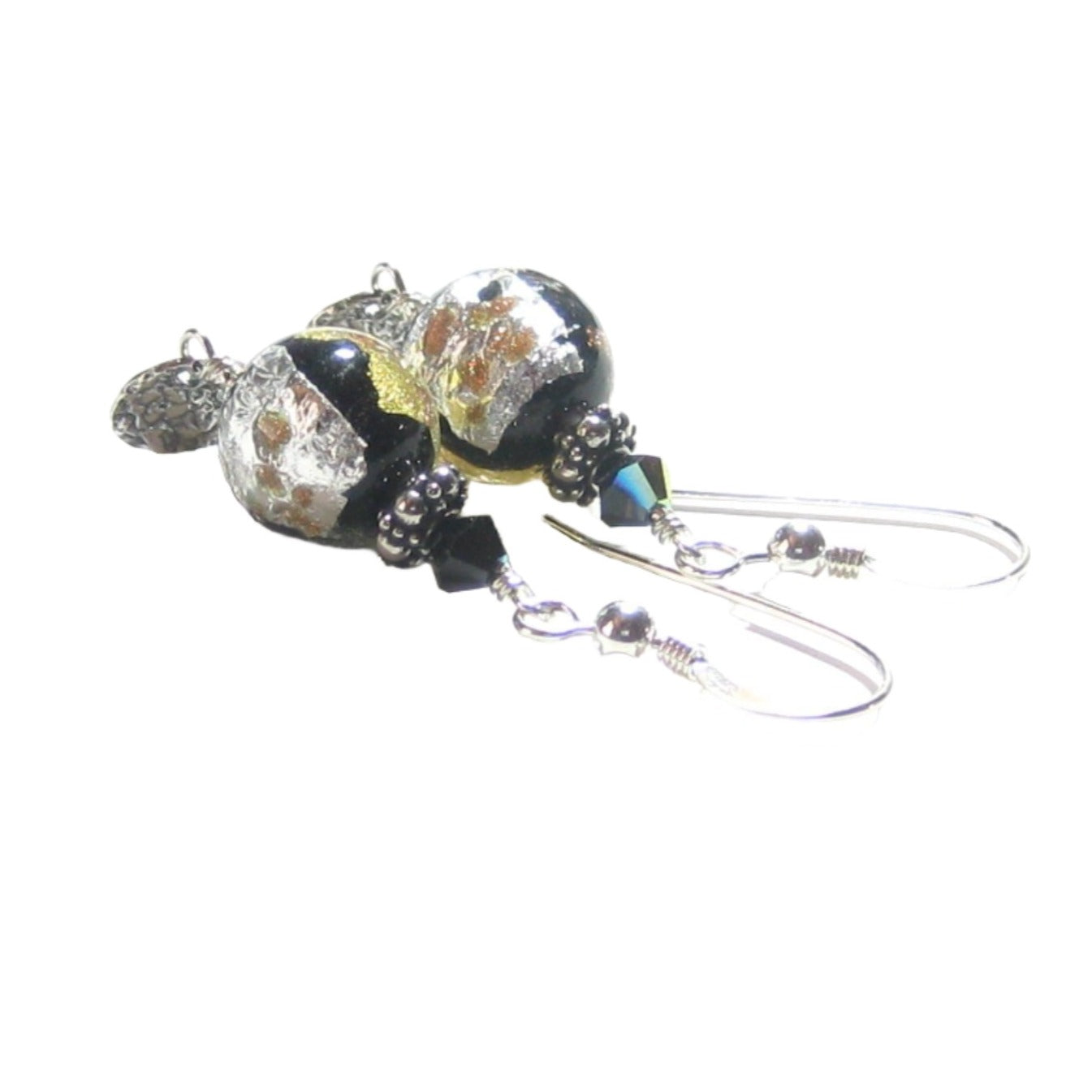 Murano Glass Black Copper Ball Disc Silver Earrings - JKC Murano