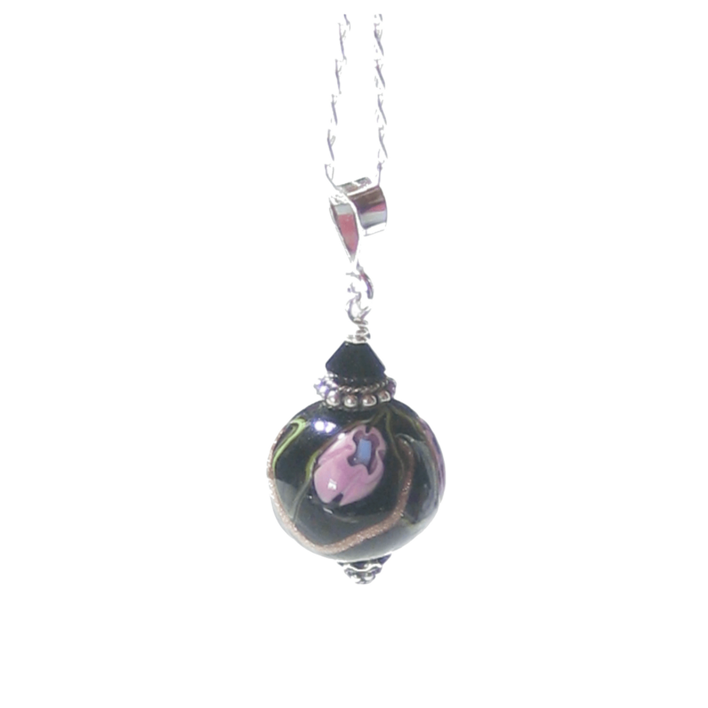 Murano Glass Black Pink Millefiori Ball Pendant - JKC Murano