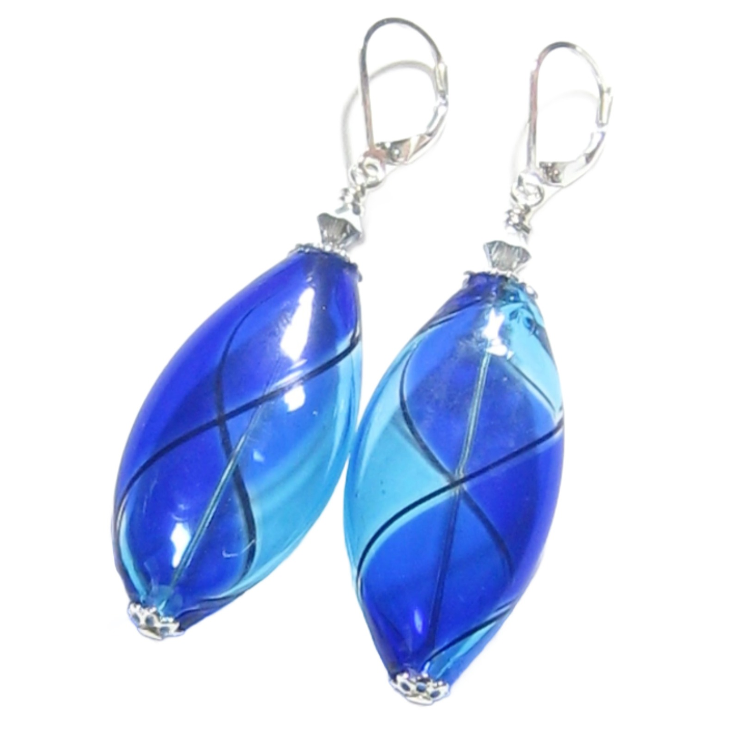 Murano Blown Glass Bicolor Cobalt Blue Aqua Long Argyle Earrings - JKC Murano