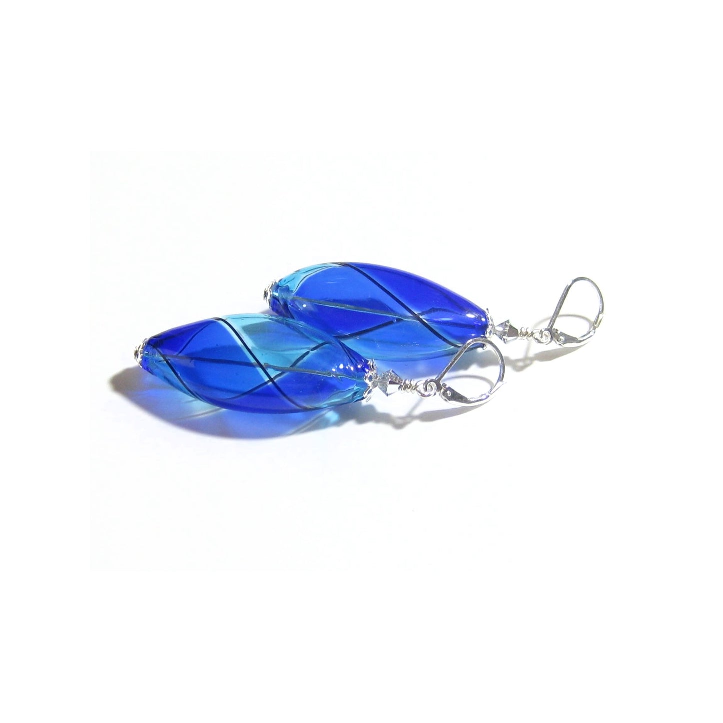 Murano Blown Glass Bicolor Cobalt Blue Aqua Long Argyle Earrings - JKC Murano