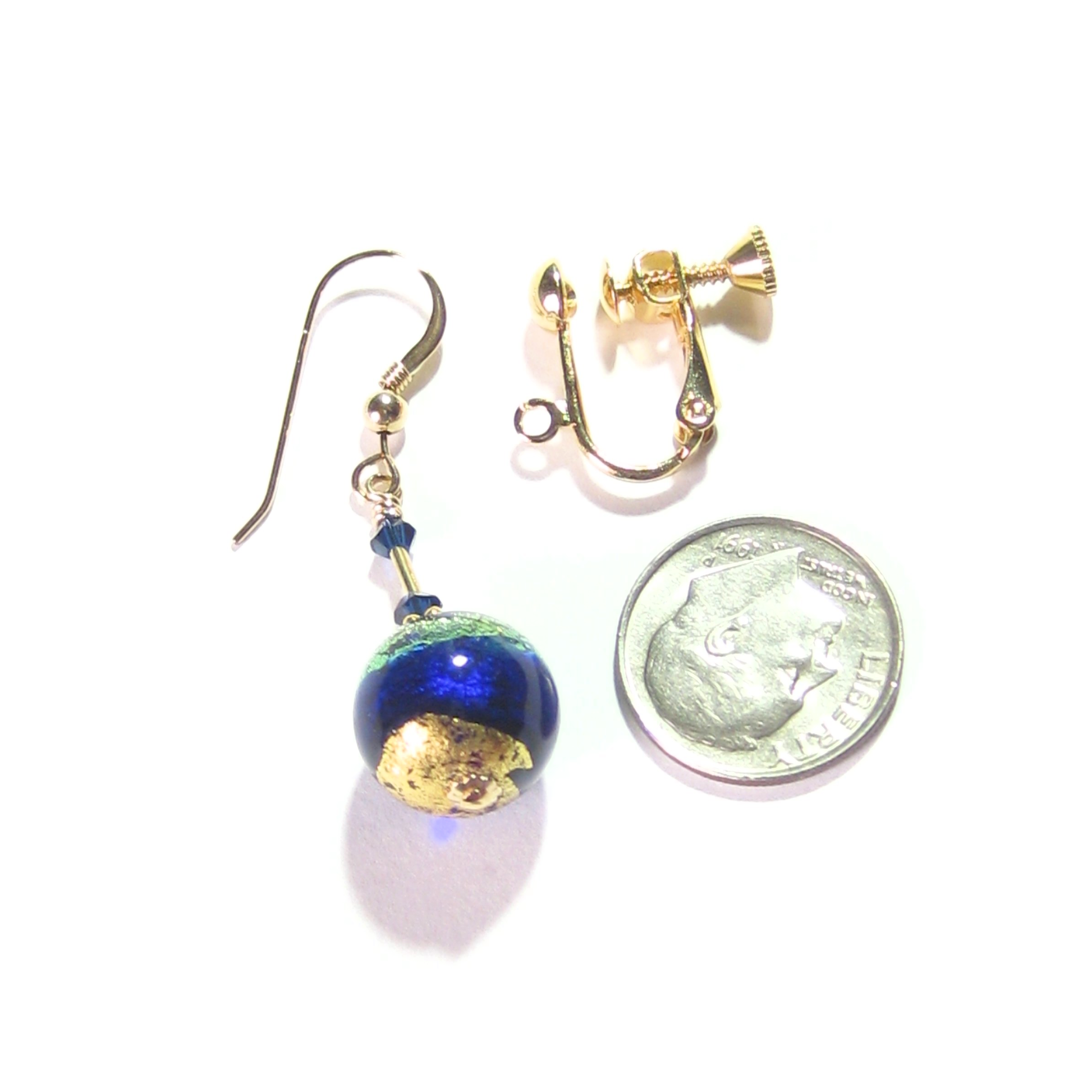 Murano Glass Cobalt Blue Aqua Ball Gold Earrings by JKC Murano - JKC Murano