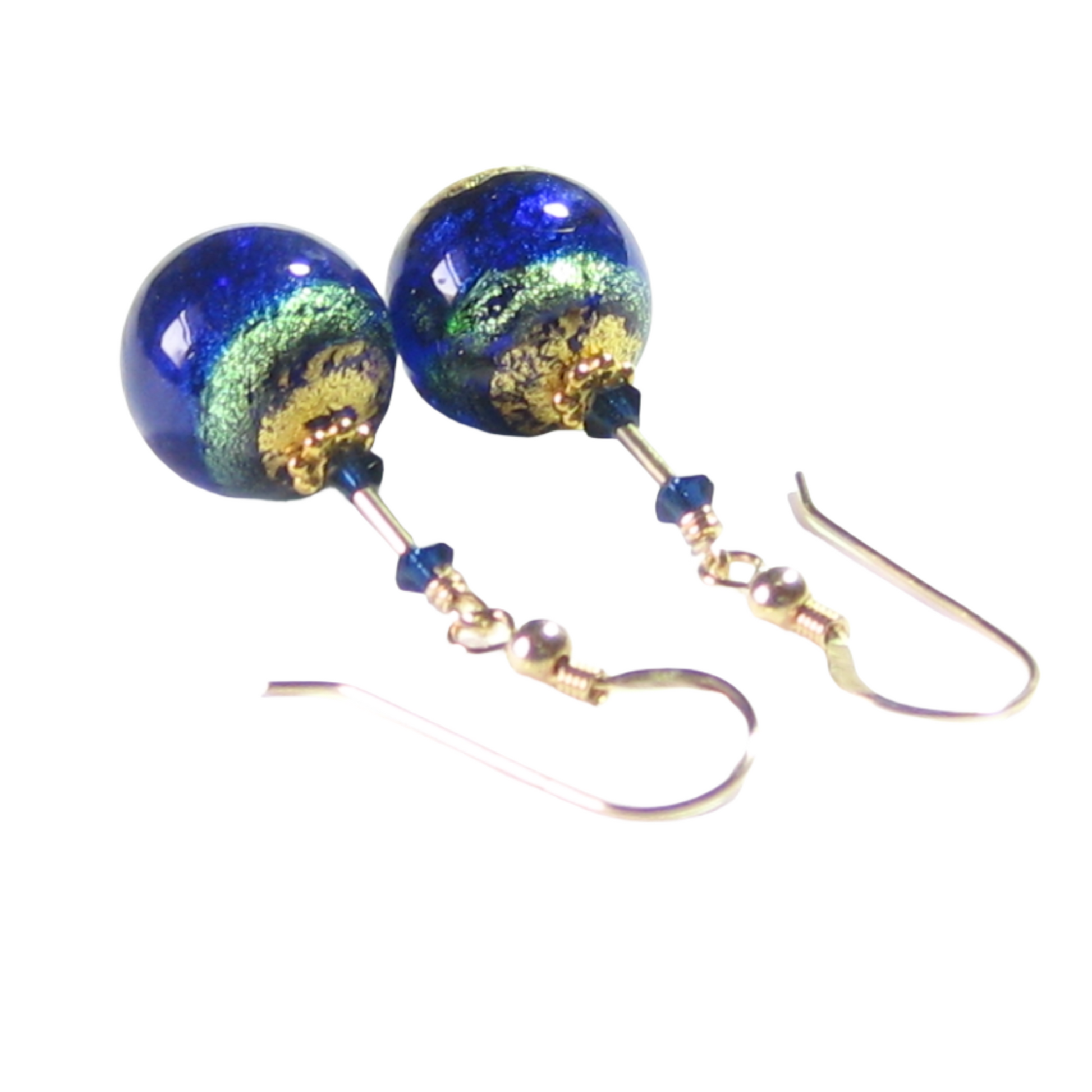 Murano Glass Cobalt Blue Aqua Ball Gold Earrings by JKC Murano - JKC Murano