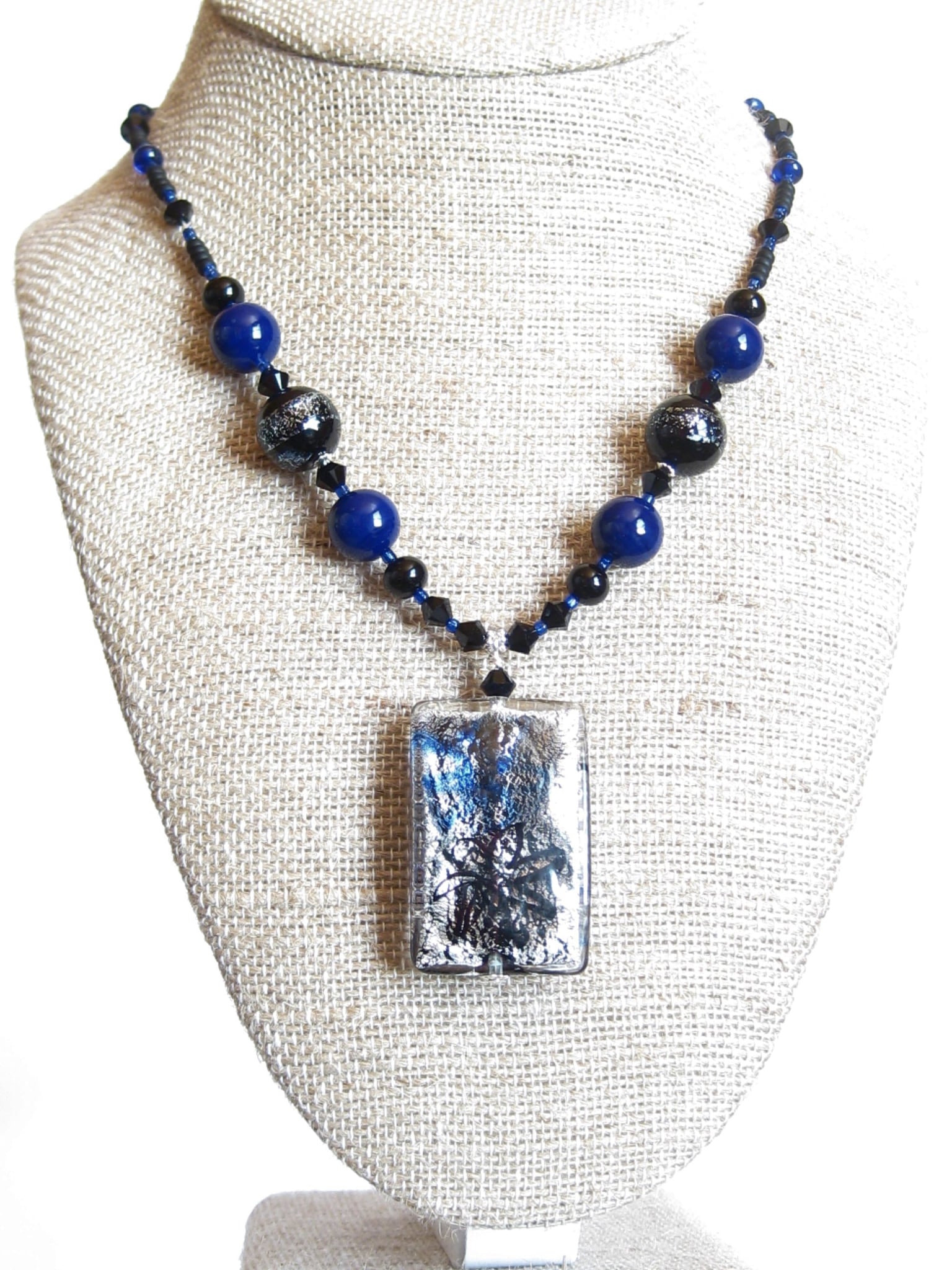 Murano Glass Cobalt Blue and Black Pendant Silver Necklace - JKC Murano