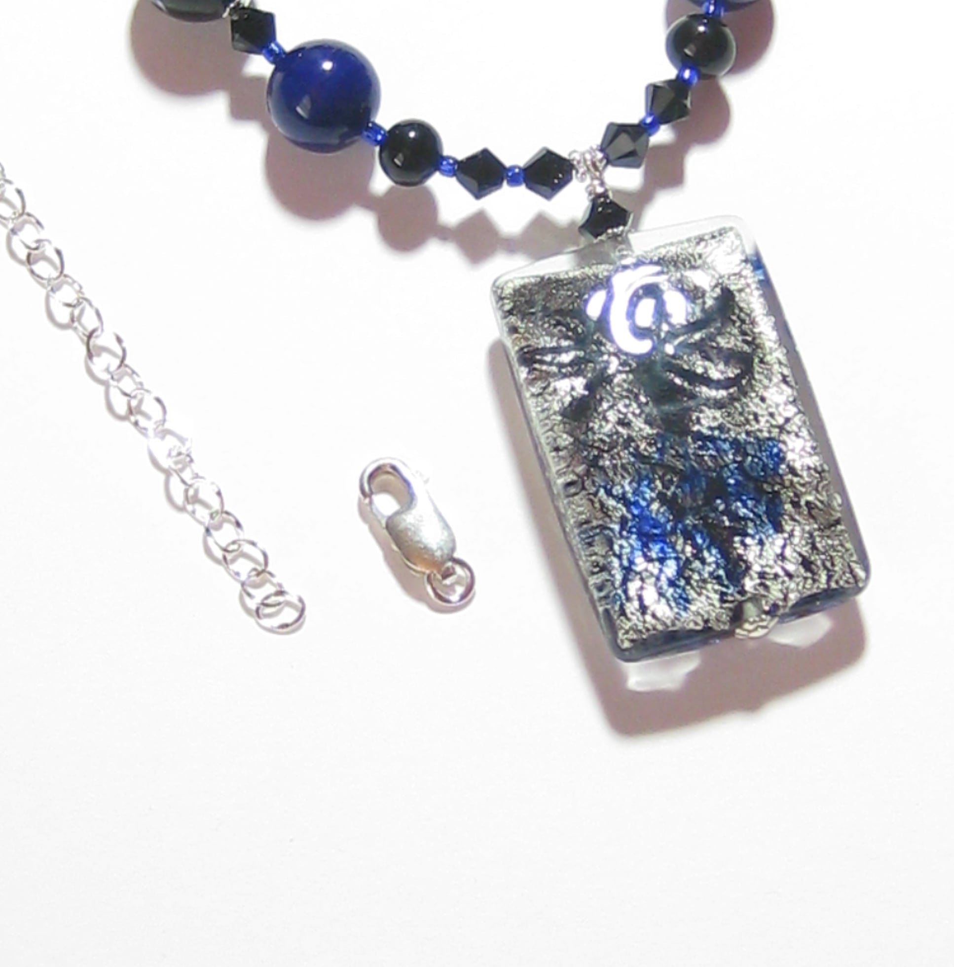 Murano Glass Cobalt Blue and Black Pendant Silver Necklace - JKC Murano