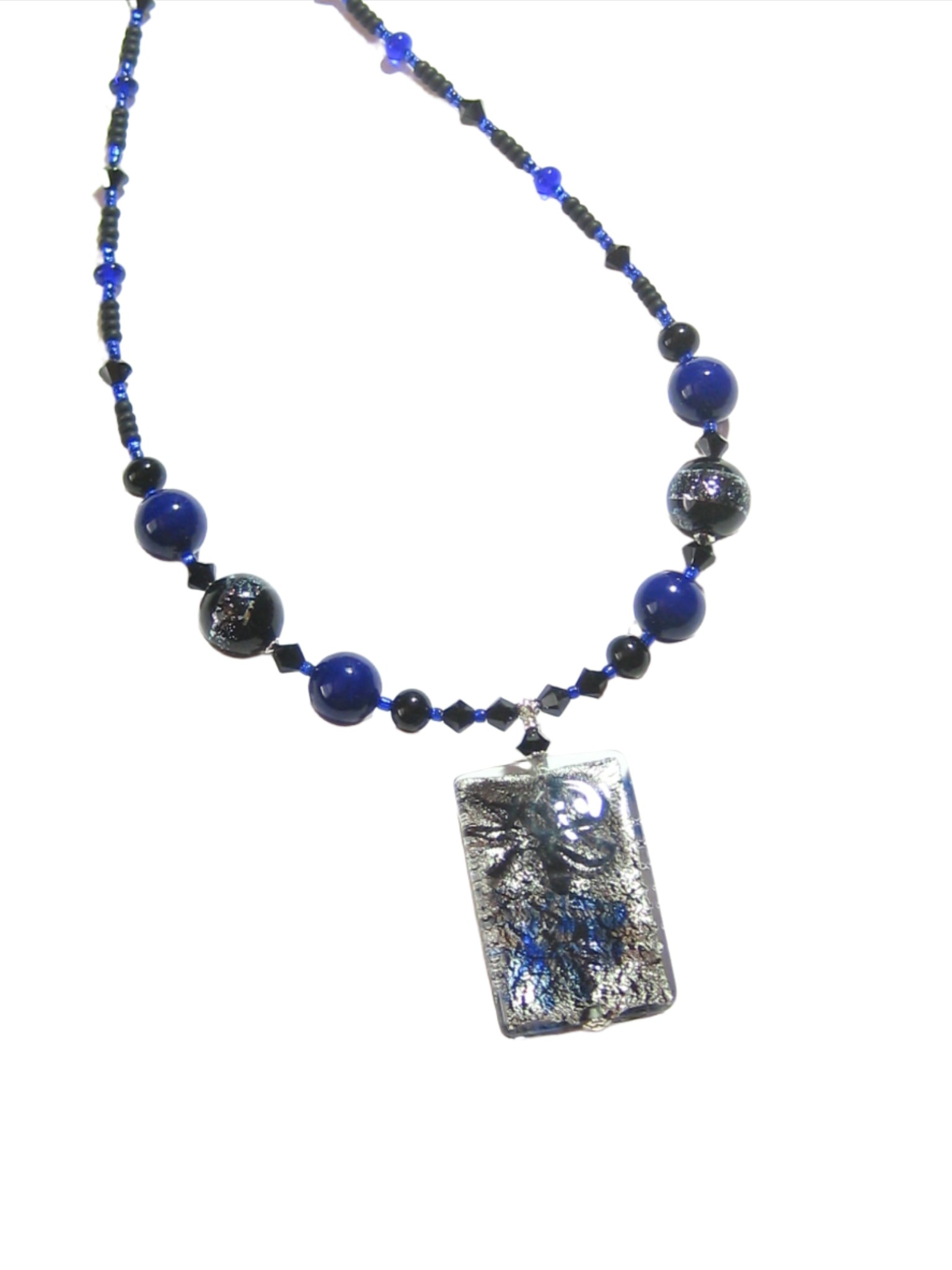 Murano Glass Cobalt Blue and Black Pendant Silver Necklace - JKC Murano