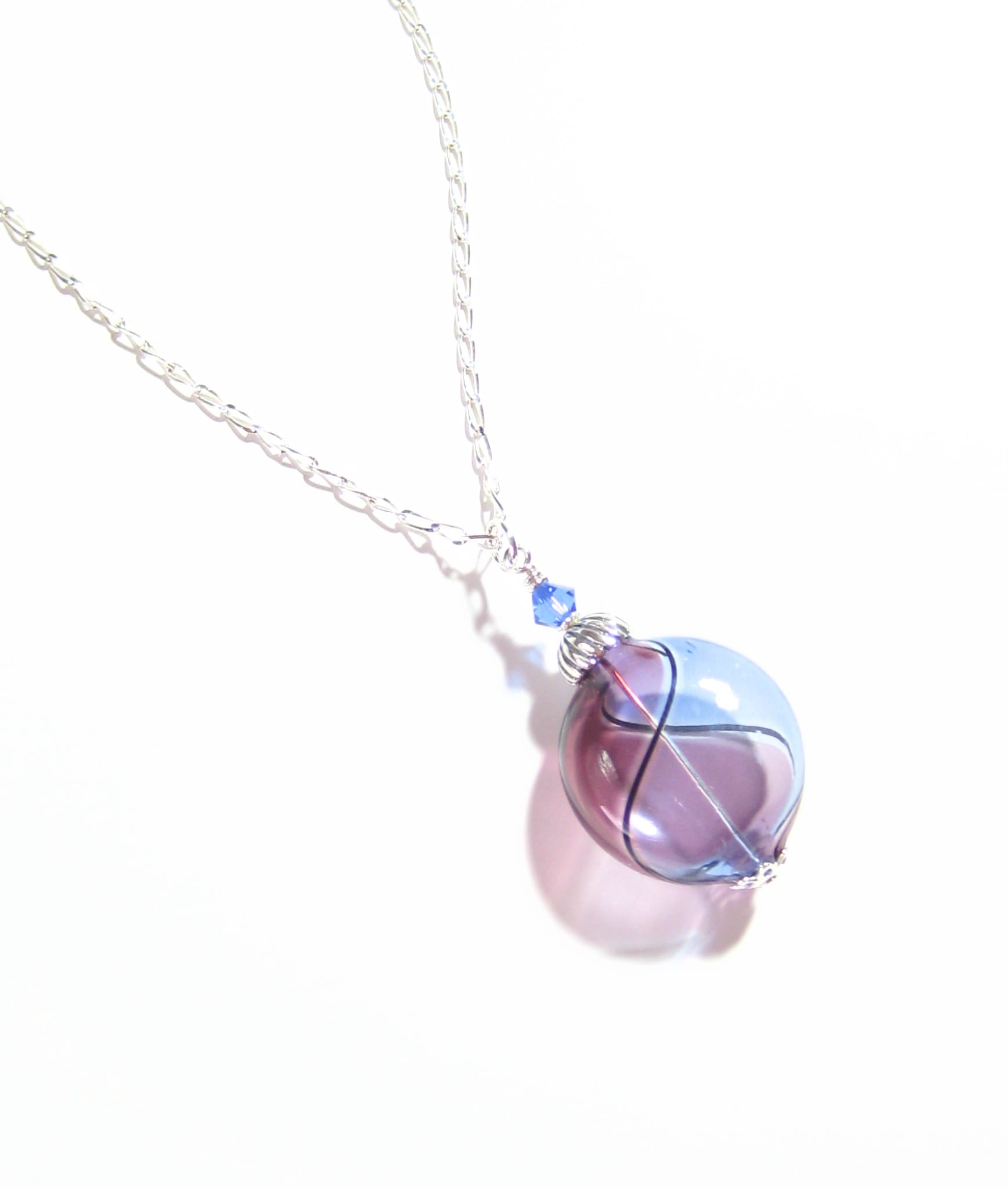 Murano Blown Glass Blue Purple Argyle Disc Silver Pendant - JKC Murano