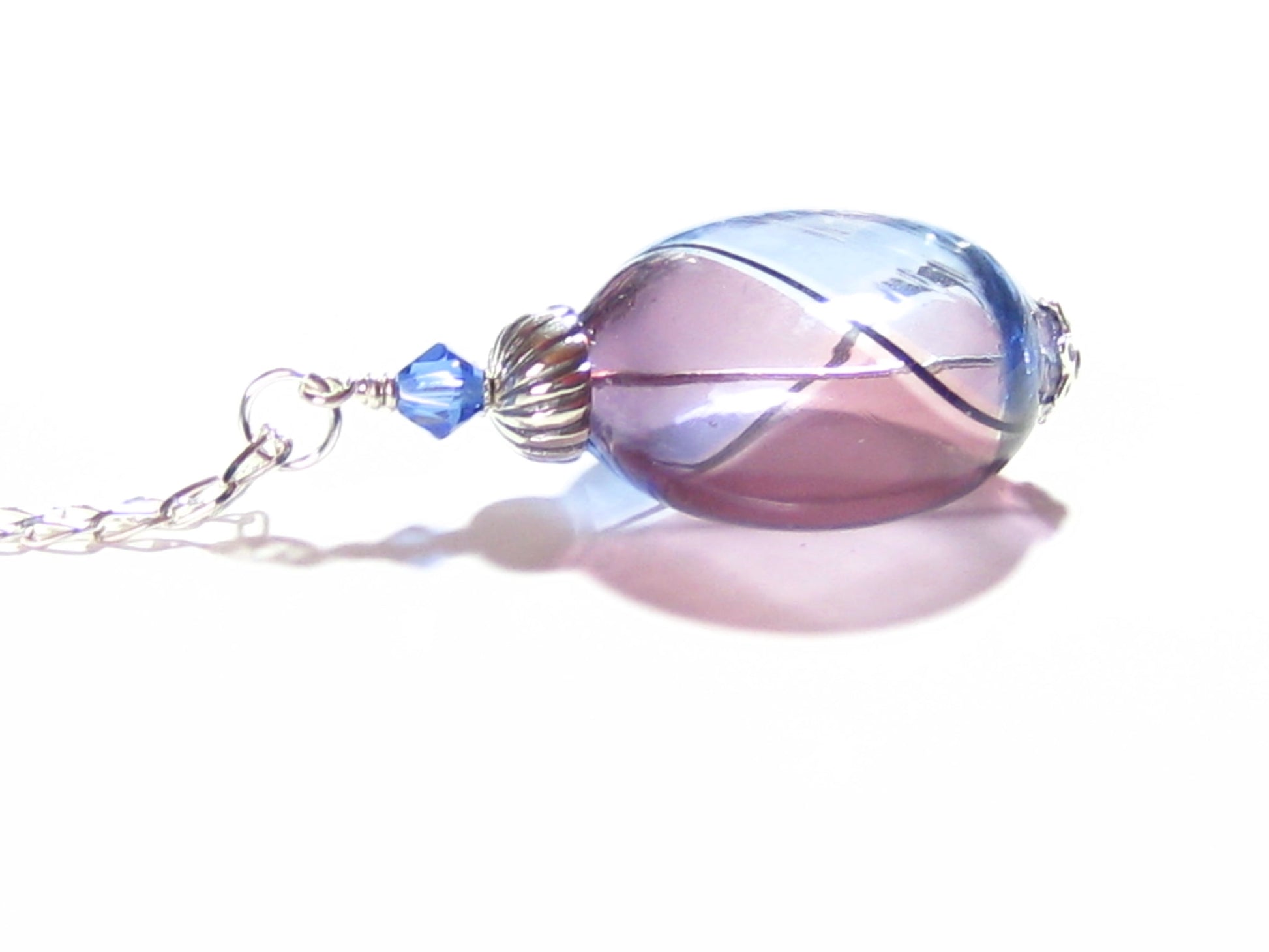 Murano Blown Glass Blue Purple Argyle Disc Silver Pendant - JKC Murano