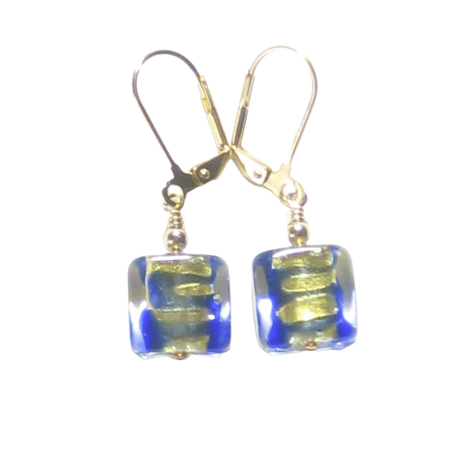 Murano Glass Blue Gold Striped Square Gold Earrings by JKC Murano - JKC Murano