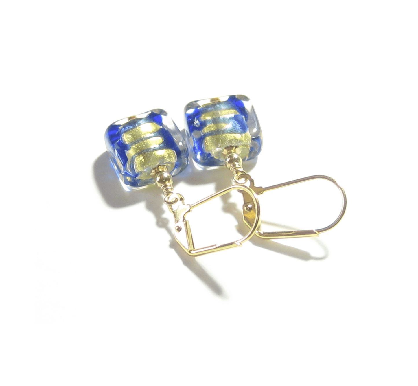 Murano Glass Blue Gold Striped Square Gold Earrings by JKC Murano - JKC Murano