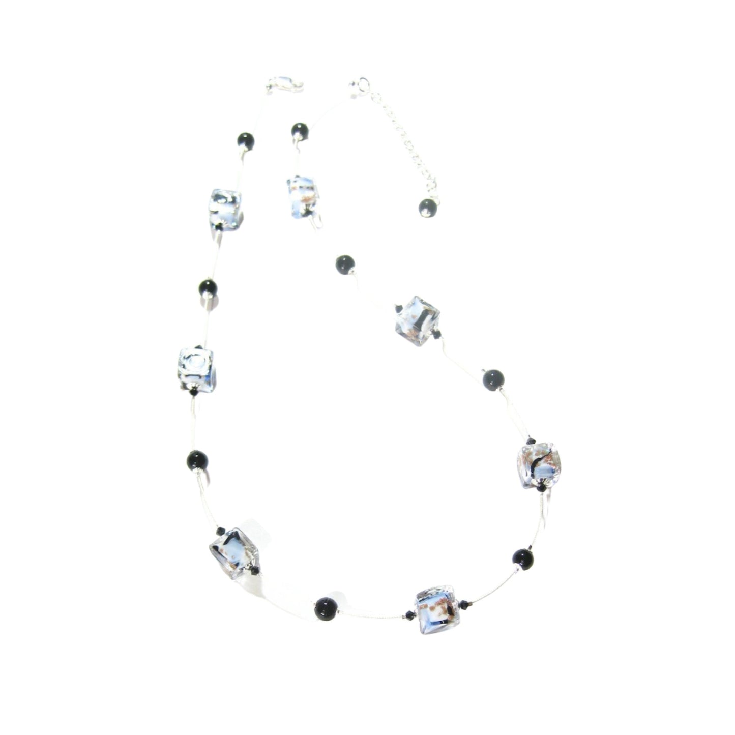 Murano Glass Blue Black White Swirl Cube Silver Necklace - JKC Murano