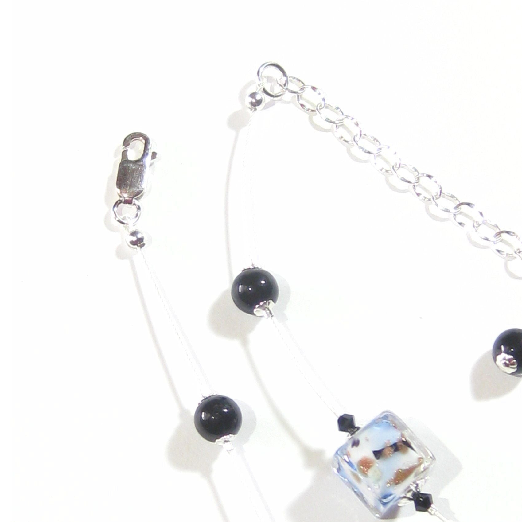 Murano Glass Blue Black White Swirl Cube Silver Necklace - JKC Murano