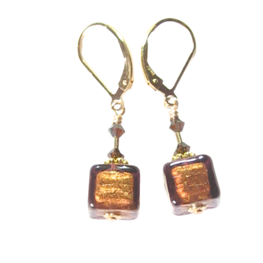 Murano Glass Brown Cube Gold Earrings, Fishhook Earrings - JKC Murano