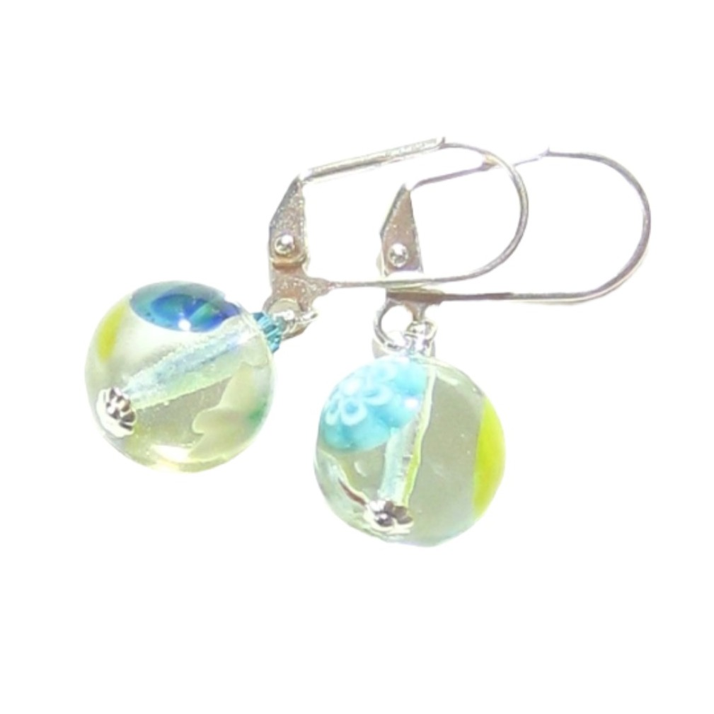 Murano Glass Colorful Millefiori Ball Dangle Silver Earrings - JKC Murano