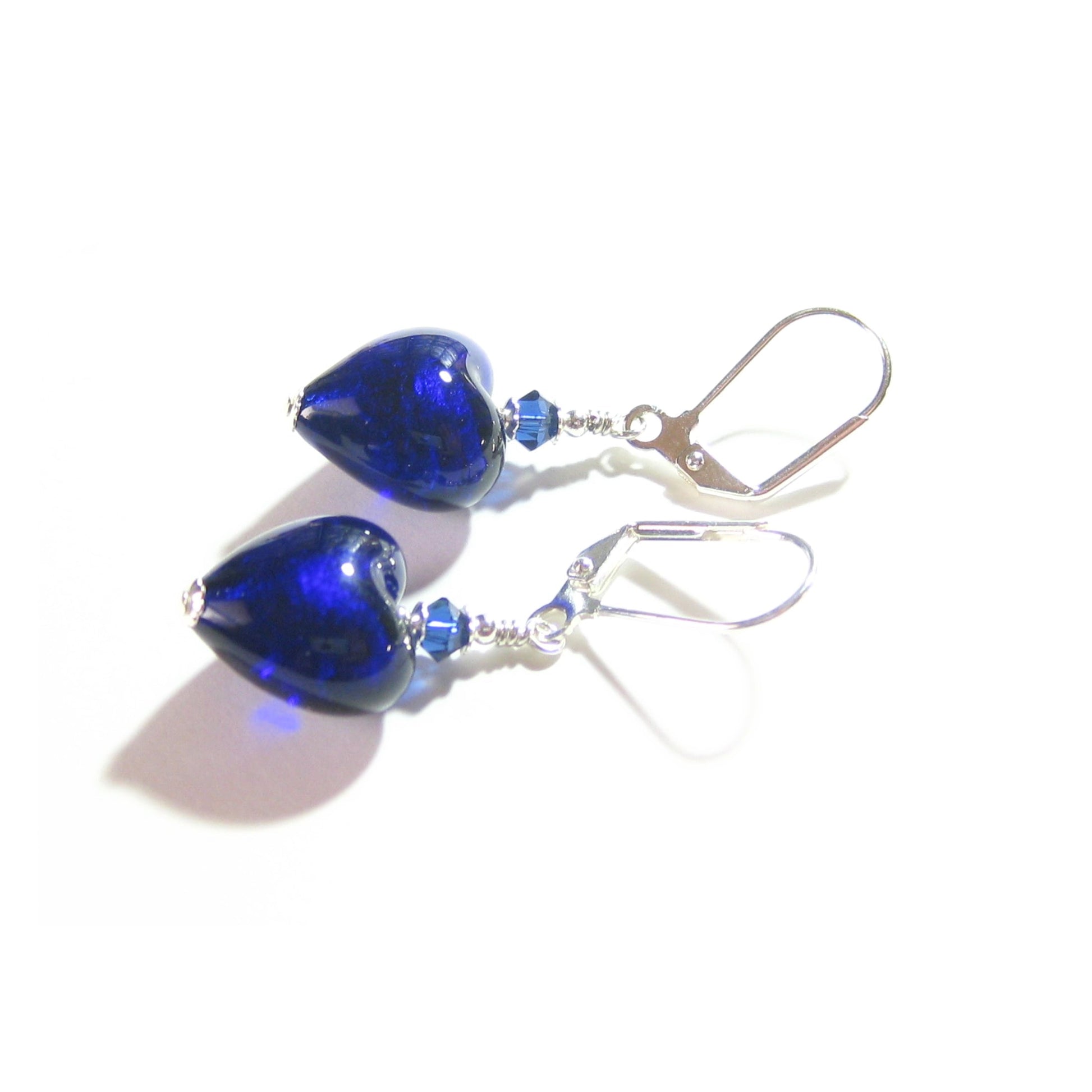 Cobalt Blue Murano Glass Heart Sterling Silver Earrings, Venetian Jewelry - JKC Murano