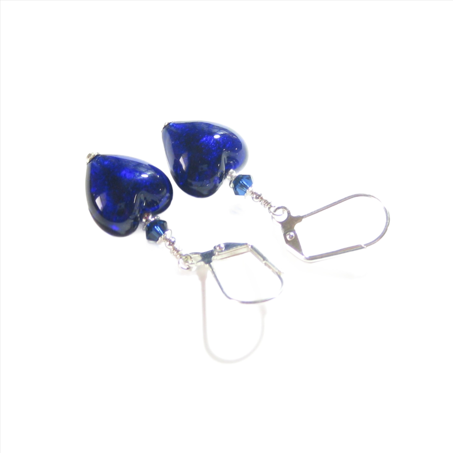 Cobalt Blue Murano Glass Heart Sterling Silver Earrings, Venetian Jewelry - JKC Murano