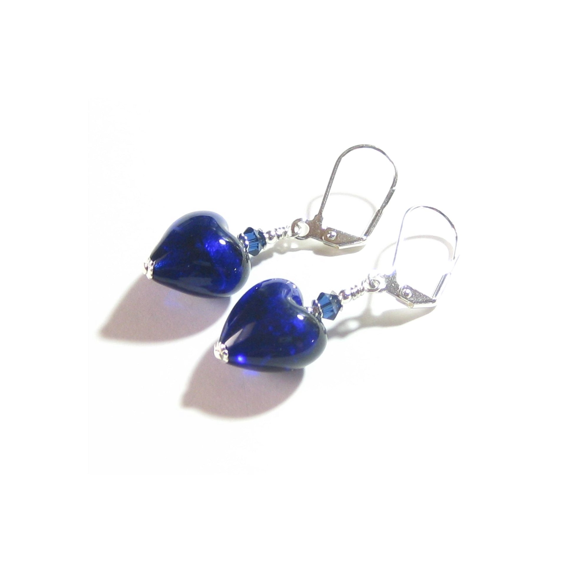 Cobalt Blue Murano Glass Heart Sterling Silver Earrings, Venetian Jewelry - JKC Murano