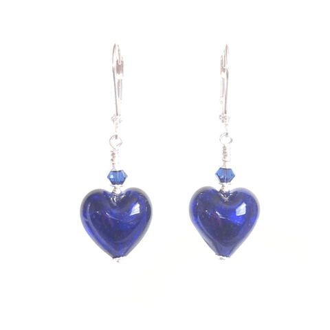 Cobalt Blue Murano Glass Heart Sterling Silver Earrings, Venetian ...