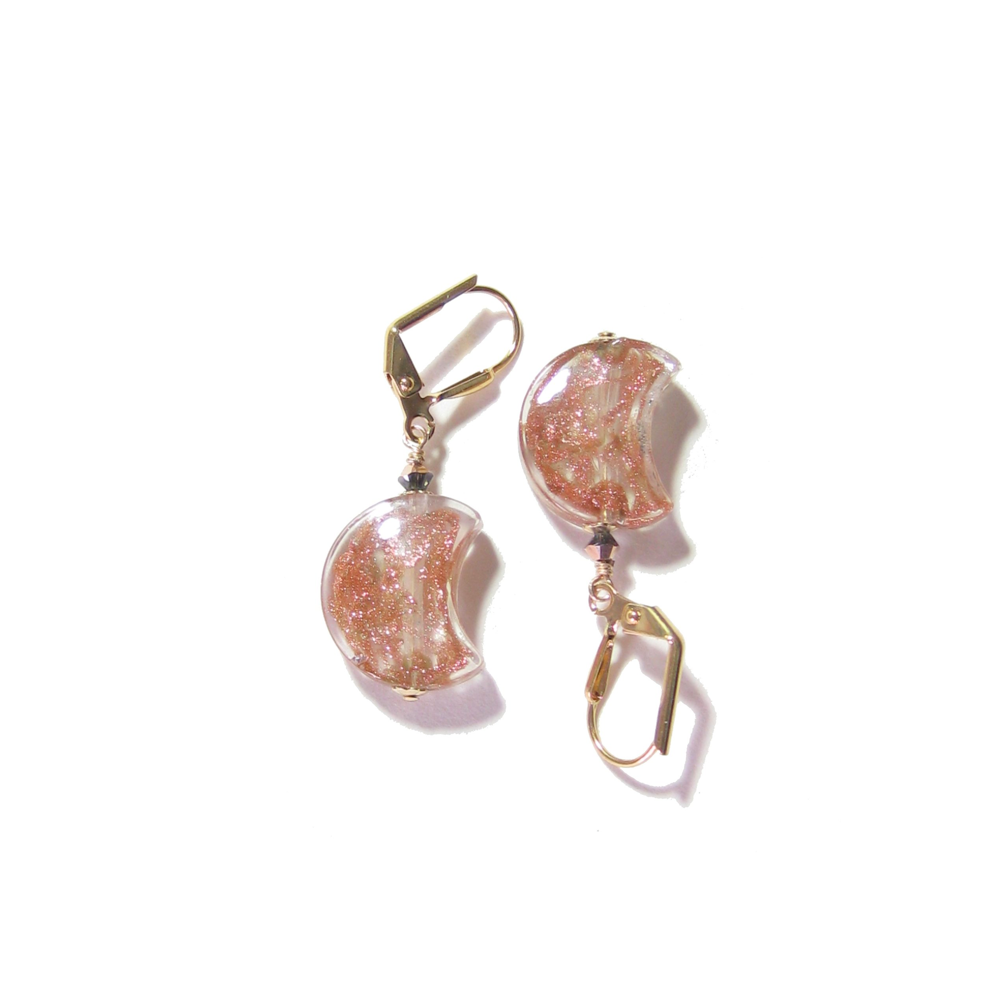 Venetian Glass Copper Moon Gold Earrings, Italian Jewelry - JKC Murano