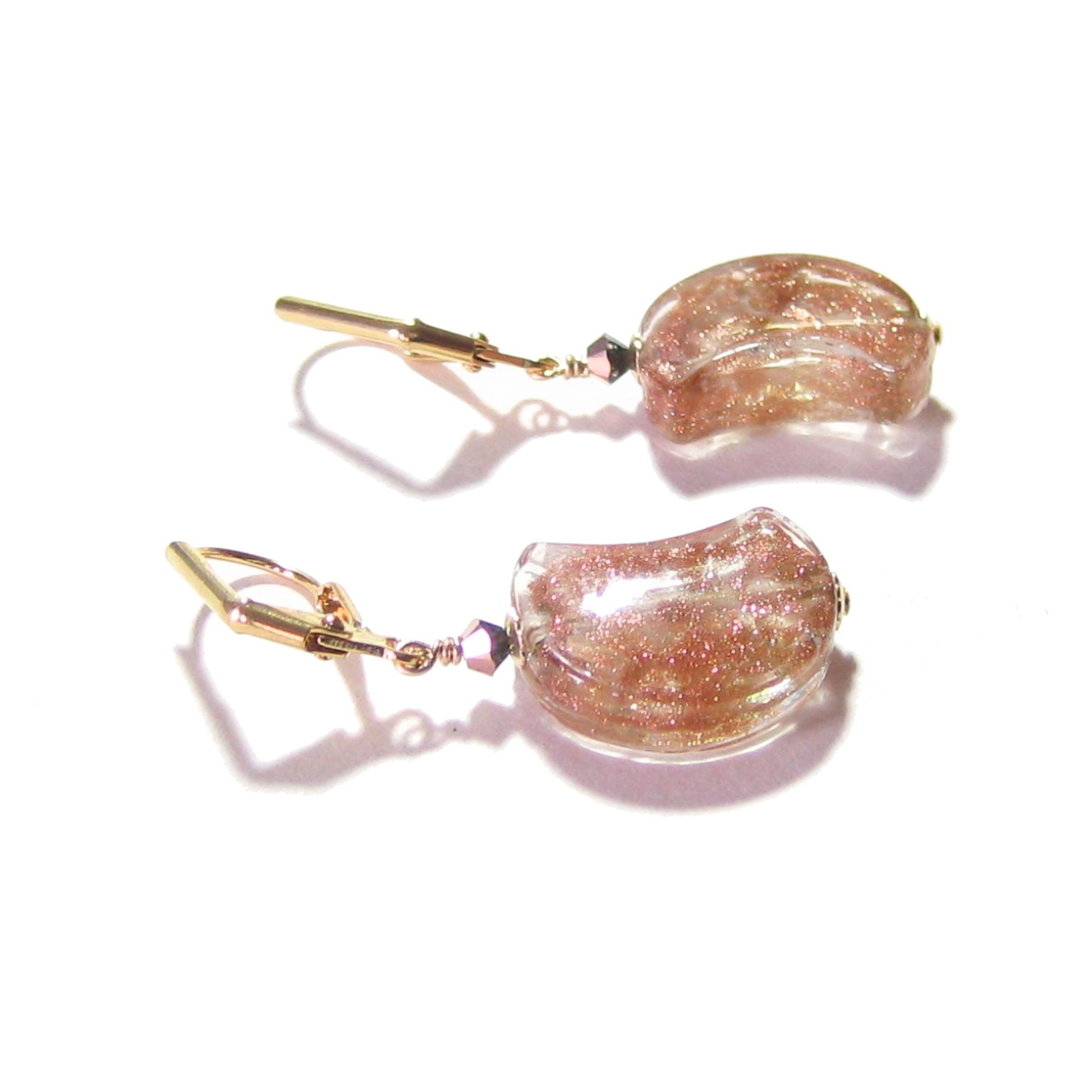 Venetian Glass Copper Moon Gold Earrings, Italian Jewelry - JKC Murano