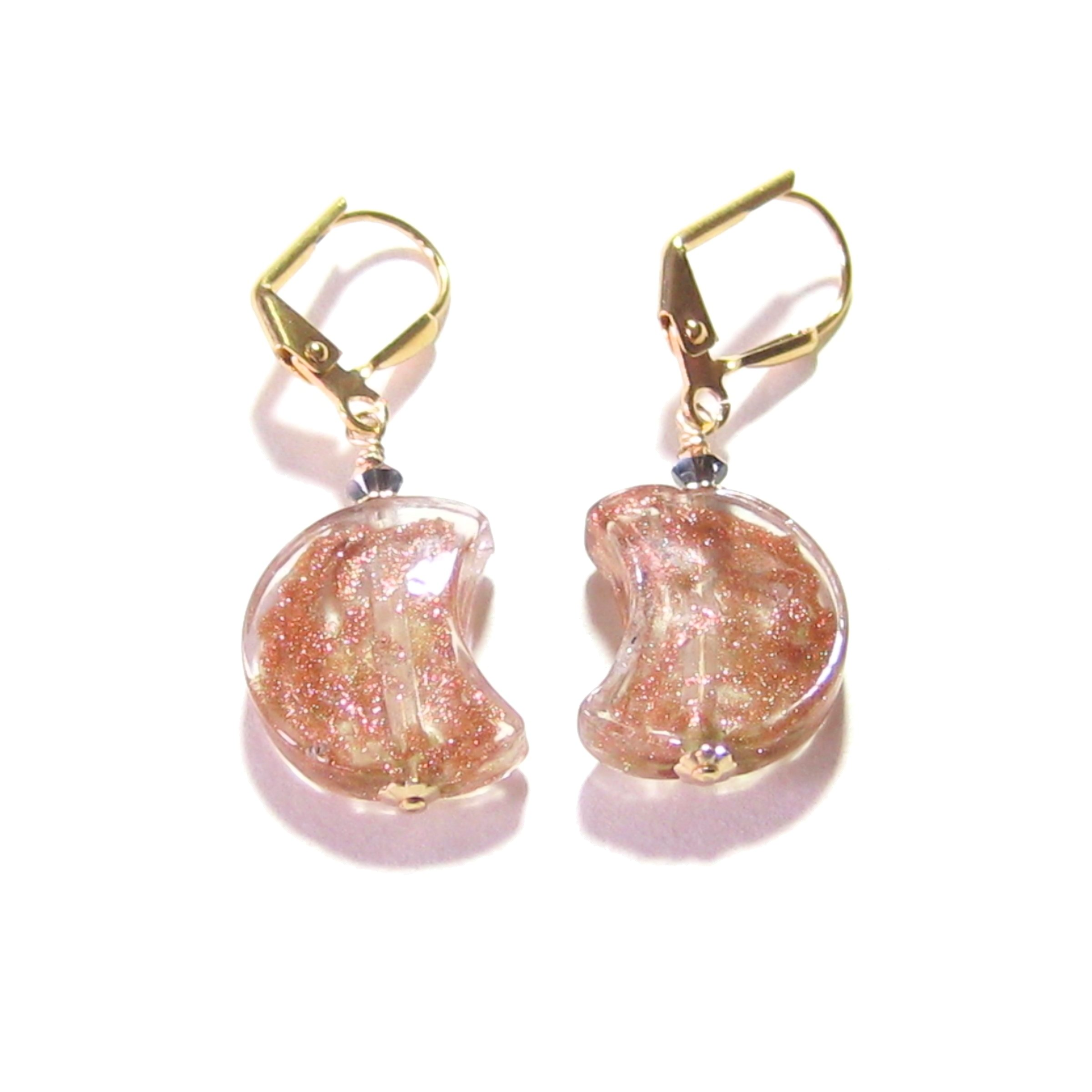 Venetian Glass Copper Moon Gold Earrings, Italian Jewelry - JKC Murano