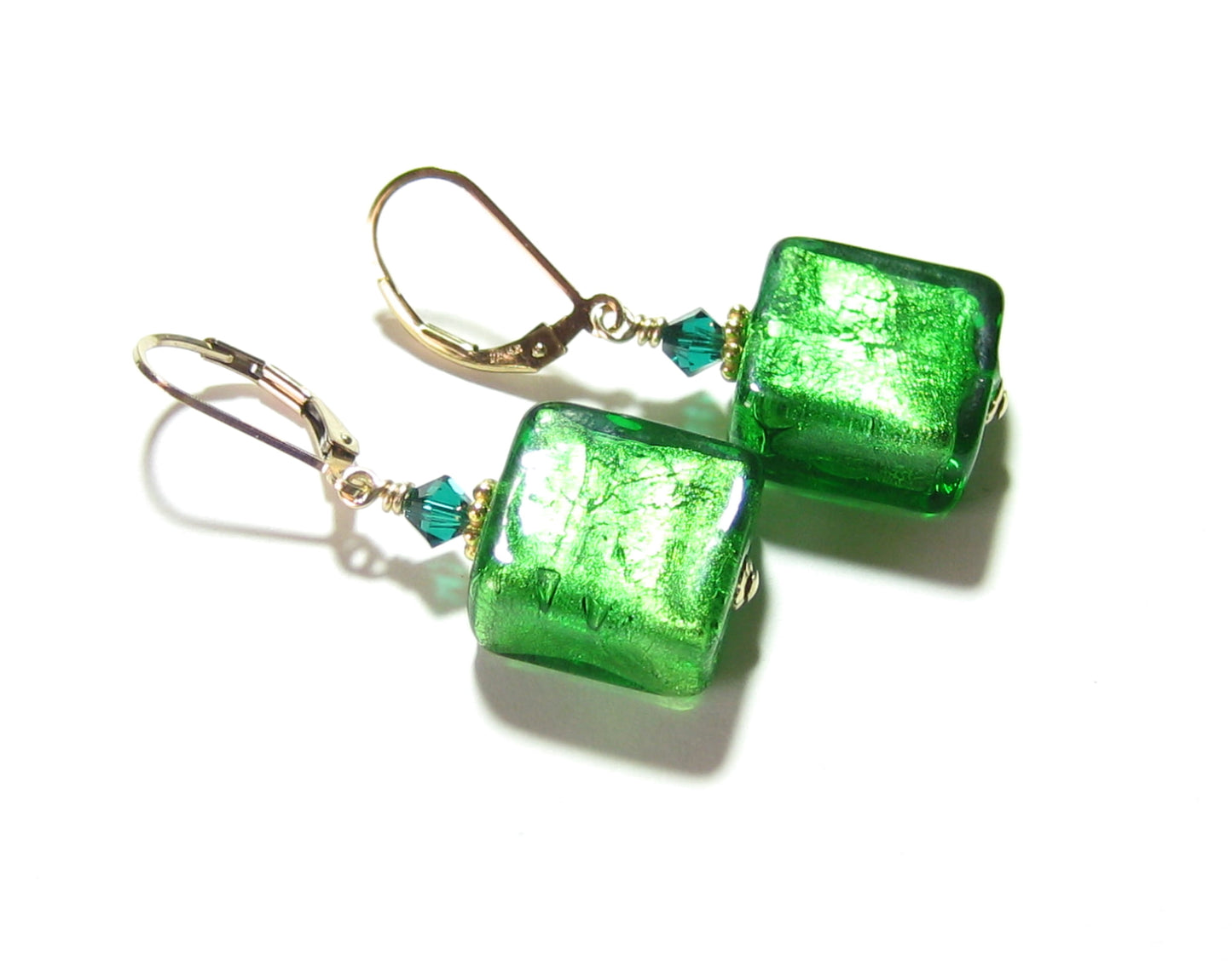 Venetian Glass Emerald Square Gold Earrings, Gold Filled Leverbacks - JKC Murano