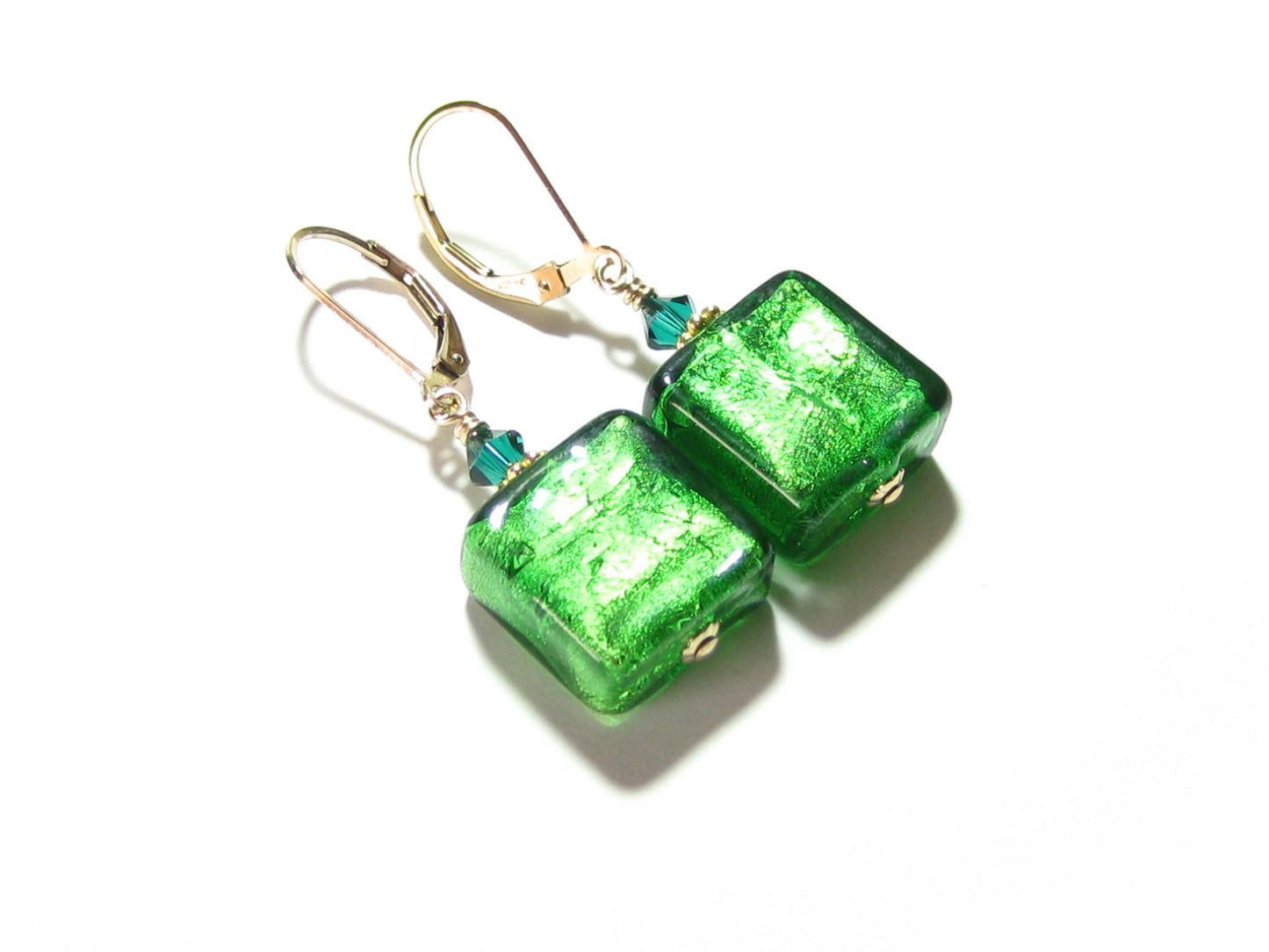 Venetian Glass Emerald Square Gold Earrings, Gold Filled Leverbacks - JKC Murano