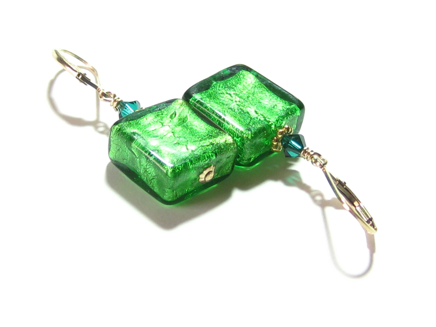 Venetian Glass Emerald Square Gold Earrings, Gold Filled Leverbacks - JKC Murano