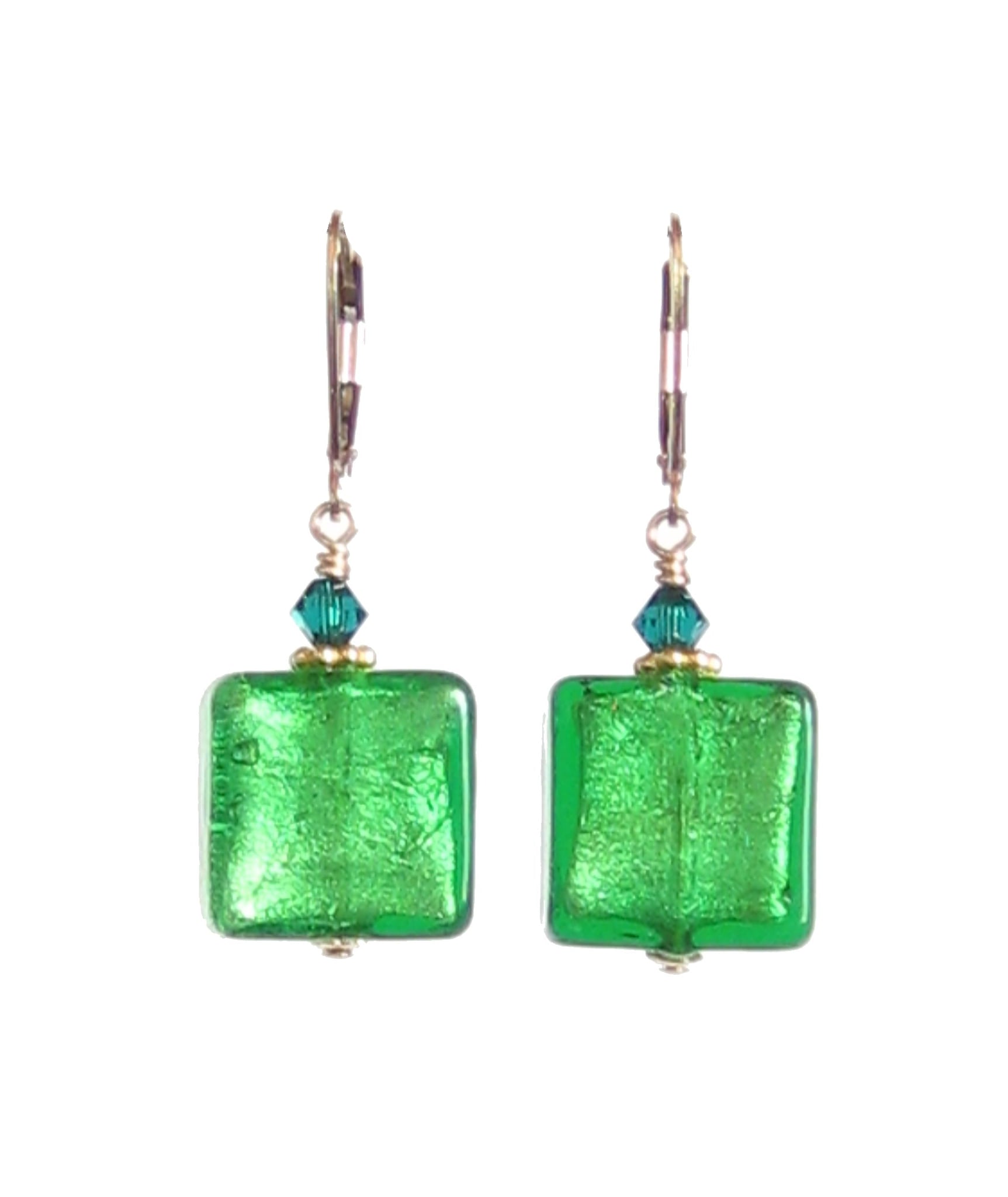 Venetian Glass Emerald Square Gold Earrings, Gold Filled Leverbacks - JKC Murano