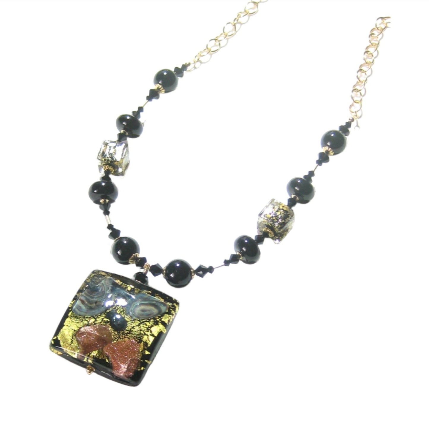 Murano Glass Black Square Pendant Gold Necklace - JKC Murano