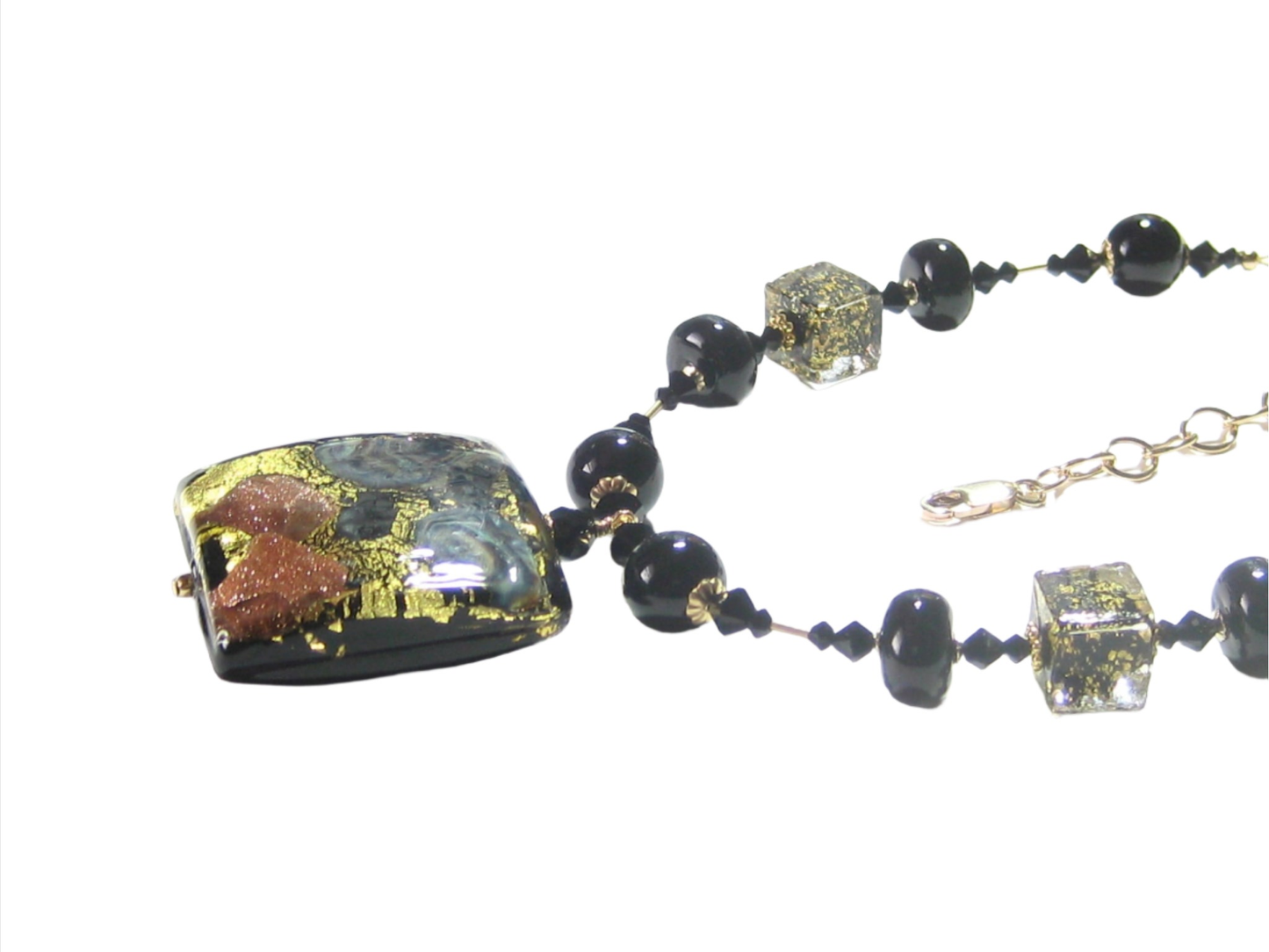 Murano Glass Black Square Pendant Gold Necklace - JKC Murano