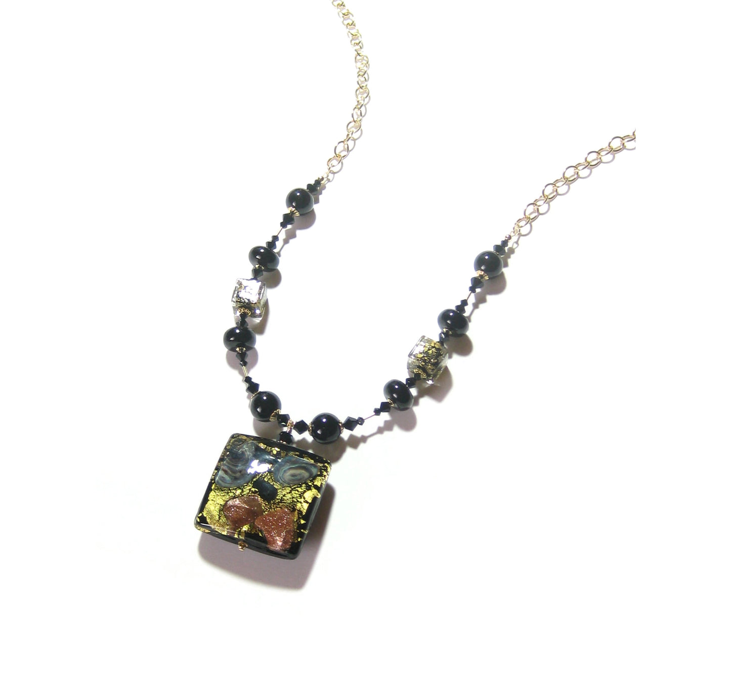 Murano Glass Black Square Pendant Gold Necklace - JKC Murano