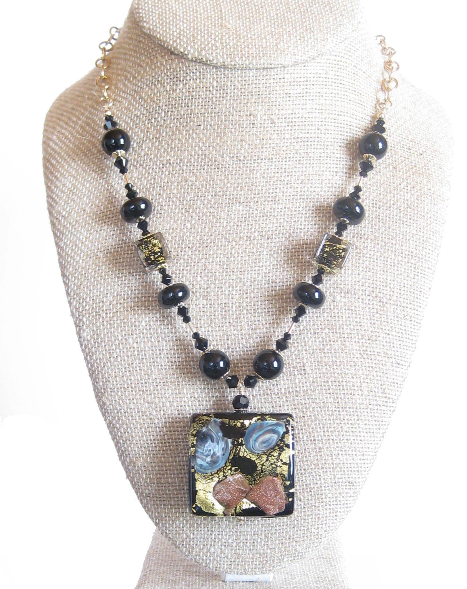 Murano Glass Black Square Pendant Gold Necklace - JKC Murano