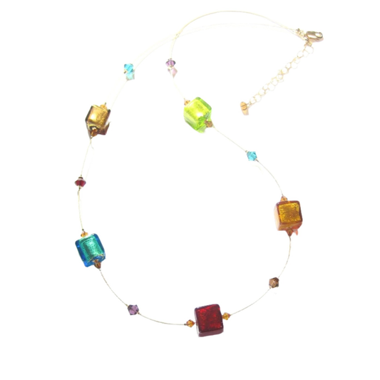 Murano Glass Colorful Large Cube Gold Necklace - JKC Murano