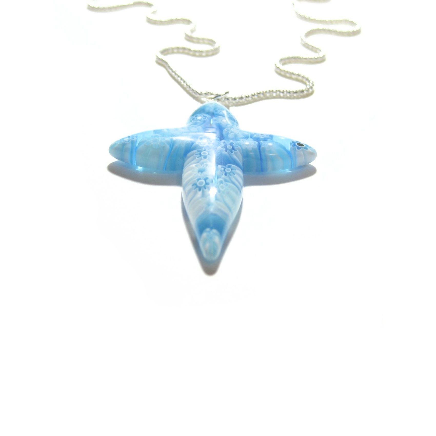Murano Glass Millefiori Aqua Cross Pendant, Sterling Silver Chain - JKC Murano